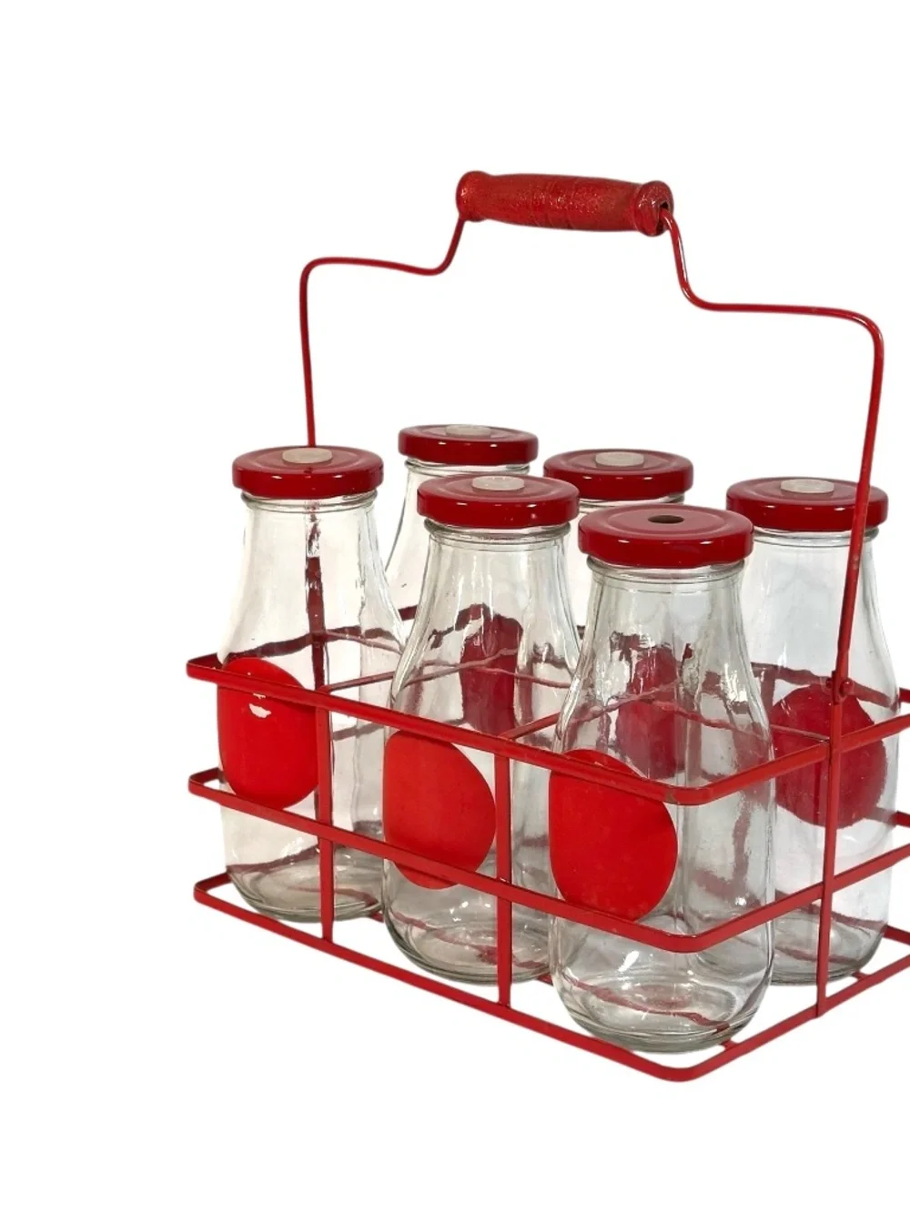 Set 6 Glass Bottles in Red Metal Carrier w/ Holes for Straws, Farmhouse Chic